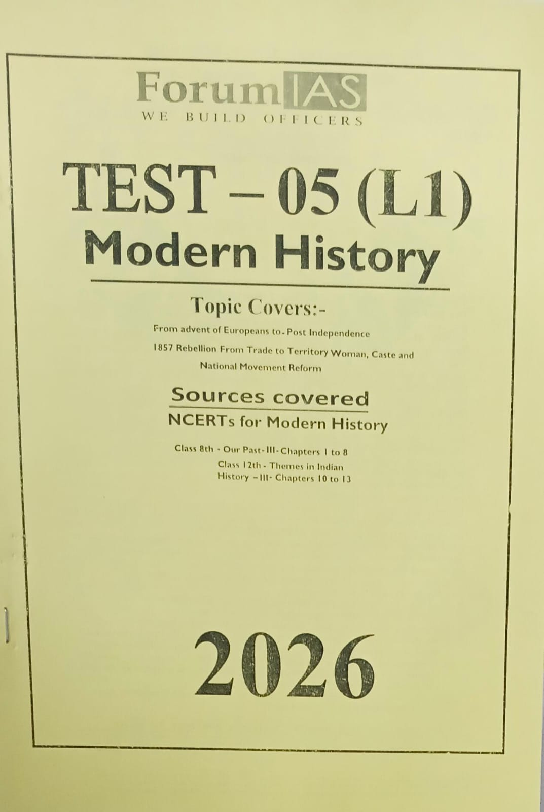 Forum IAS, Prelims Test Series 2026, Level -1 ,Test -5
