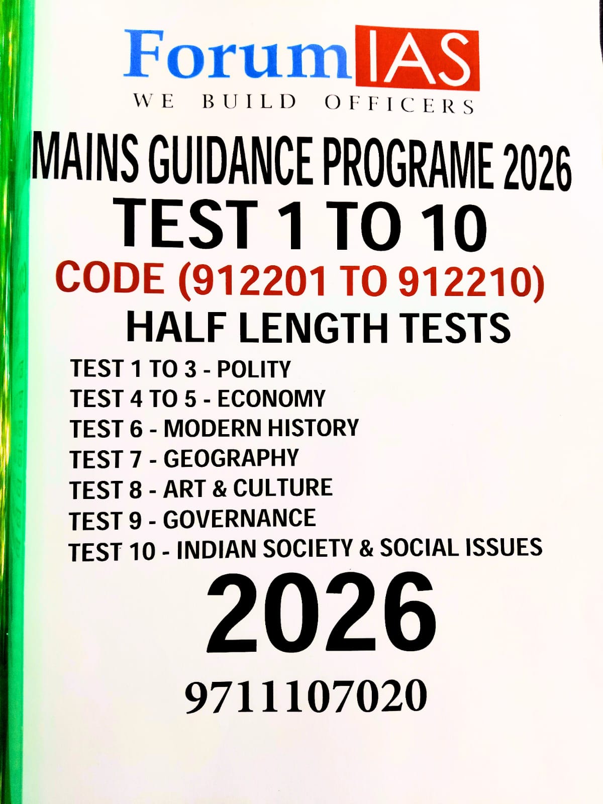 Forum IAS MAINS Test Series Test 1to 10,Half Length Tests 2026